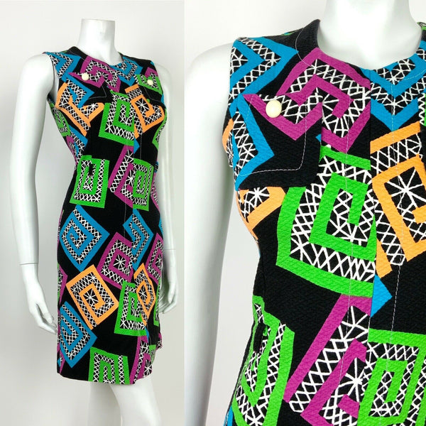 VTG 60s 70s BLACK BLUE GREEN PURPLE ORANGE GEOMETRIC QUILTED NAKAJIMA DRESS 6