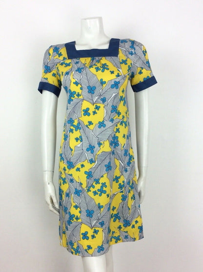 60s 70s VINTAGE YELLOW BLUE WHITE FLORAL TUNIC DRESS 10 12 14