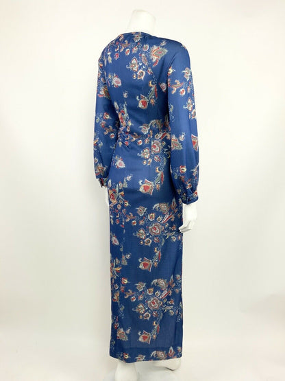 VINTAGE 60s 70s BLUE GREY SILVER RED YELLOW FLORAL PAISLEY MAXI DRESS 10 12