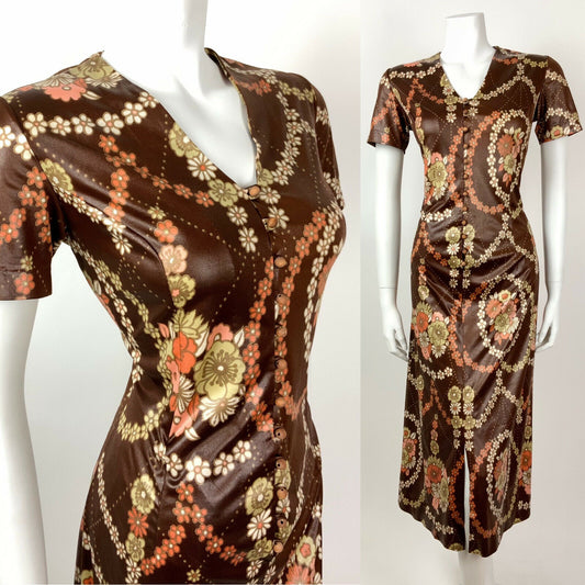 VTG 60s 70s BROWN PINK ORANGE PSYCHEDELIC FLORAL DAISY CHAIN MIDI DRESS 12 14