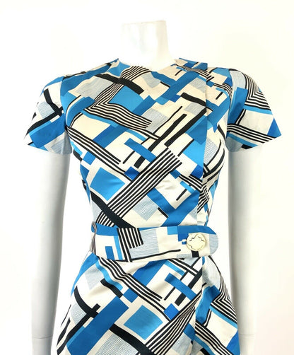 VINTAGE 60s 70s WHITE BLUE BLACK GEOMETRIC CHECKED MINI MOD DRESS 8 10