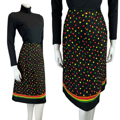 VINTAGE 60s 70s BLACK NEON GREEN ORANGE DOTTY SPOTTED MOD MIDI SKIRT 8