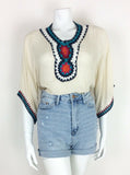 VTG 70s CREAM RED BLUE ORANGE PINK BOHO HIPPY ETHNIC CROCHET BLOUSE TOP 10 12 14