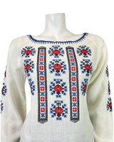 VINTAGE 60s 70s WHITE BLUE RED CROSS-STITCH EMBROIDERED FOLK BOHO BLOUSE 10 12