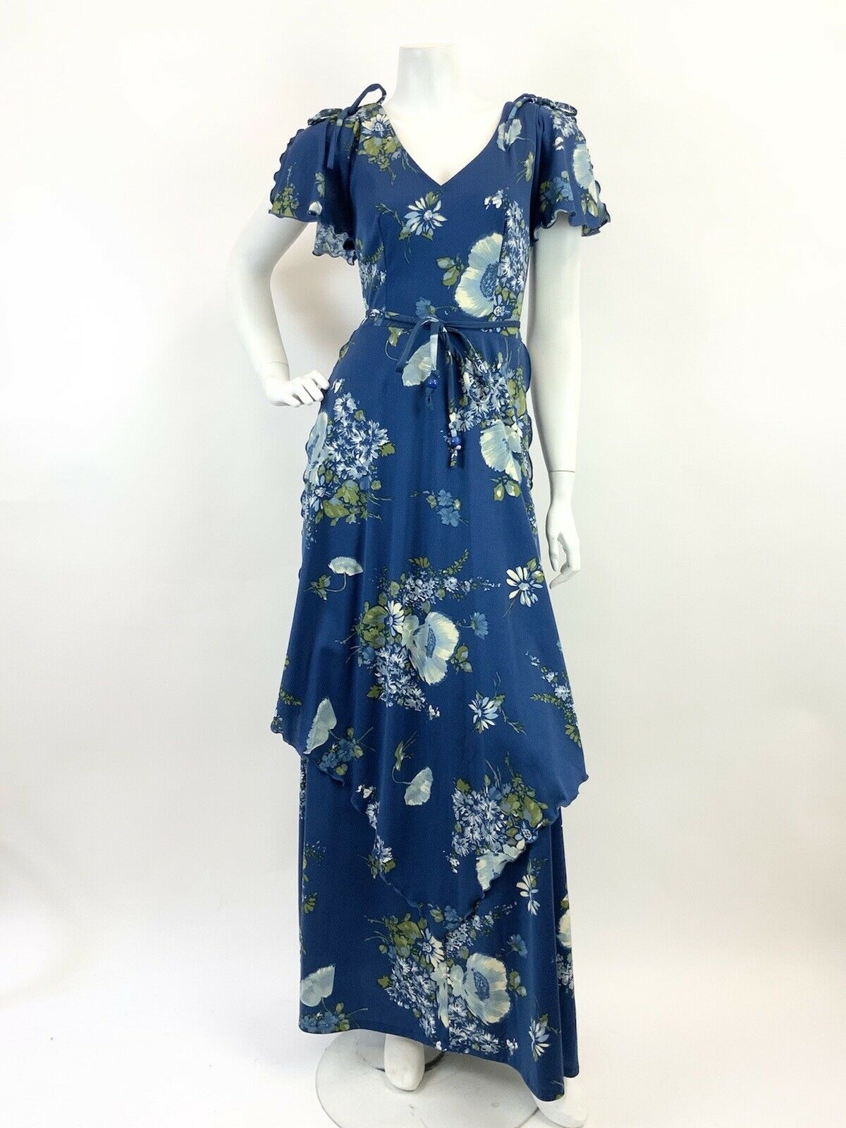 VINTAGE 60s 70s BLUE GREEN CREAM FLORAL TIERED RUFFLED FOLK PRAIRIE MAXI DRESS 8