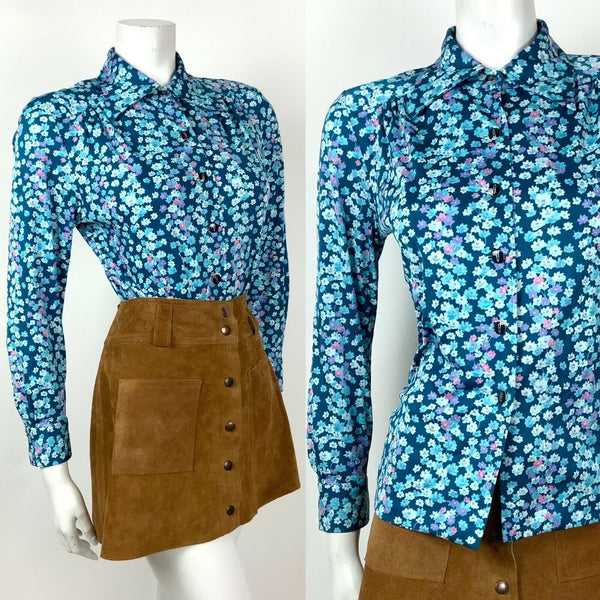 VTG 60s 70s BLUE PURPLE WHITE PINK FLORAL DITSY DAGGER COLLAR SHIRT BLOUSE 12 14