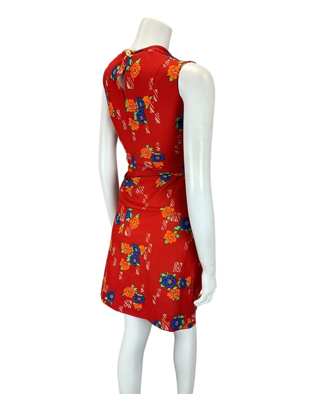 VINTAGE 60s 70s PILLARBOX RED BLUE FLORAL MOD SLEEVELESS SHORT DRESS 10 12