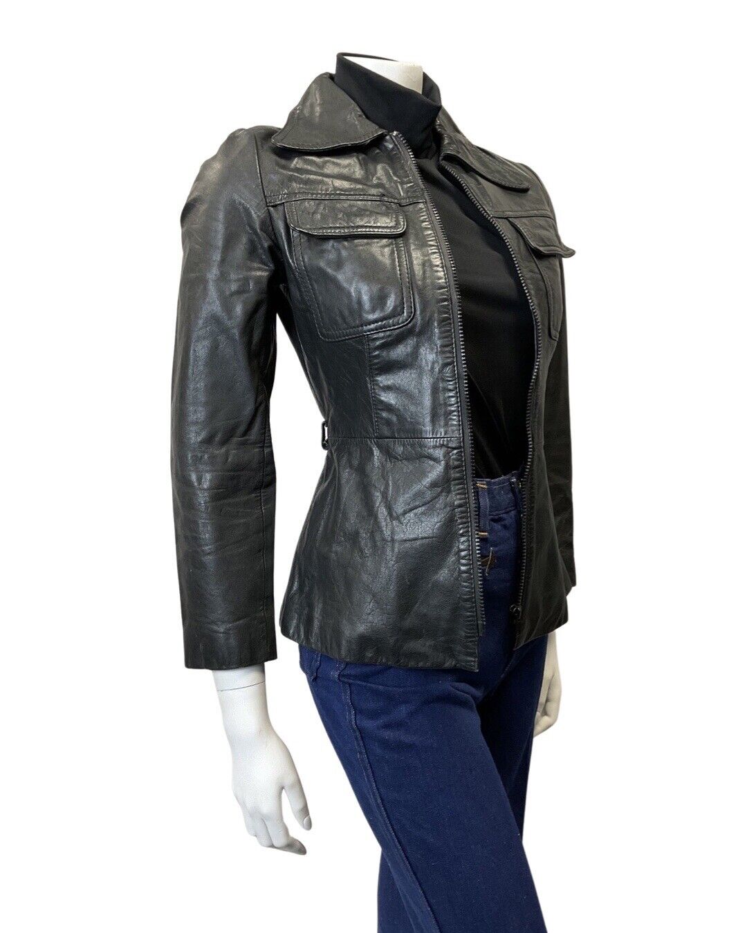 VINTAGE 60s 70s BLACK ZIP-UP DAGGER COLLAR MOD SHORT LEATHER JACKET 6 8