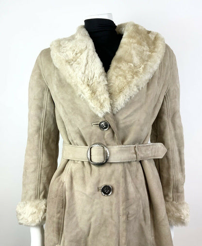 VINTAGE 60s 70s CREAM SUEDE LEATHER SHEARLING BELTED BOHO PRINCESS COAT 10 12