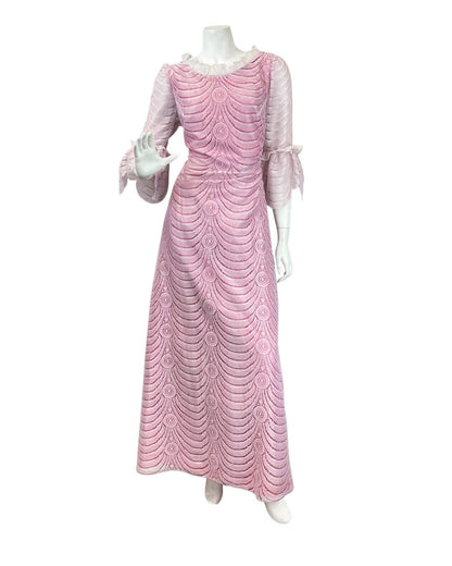 VINTAGE 60s 70s PINK WHITE LACE RUFFLED FLOUNCE SLEEVE PRAIRIE MAXI DRESS 14 16