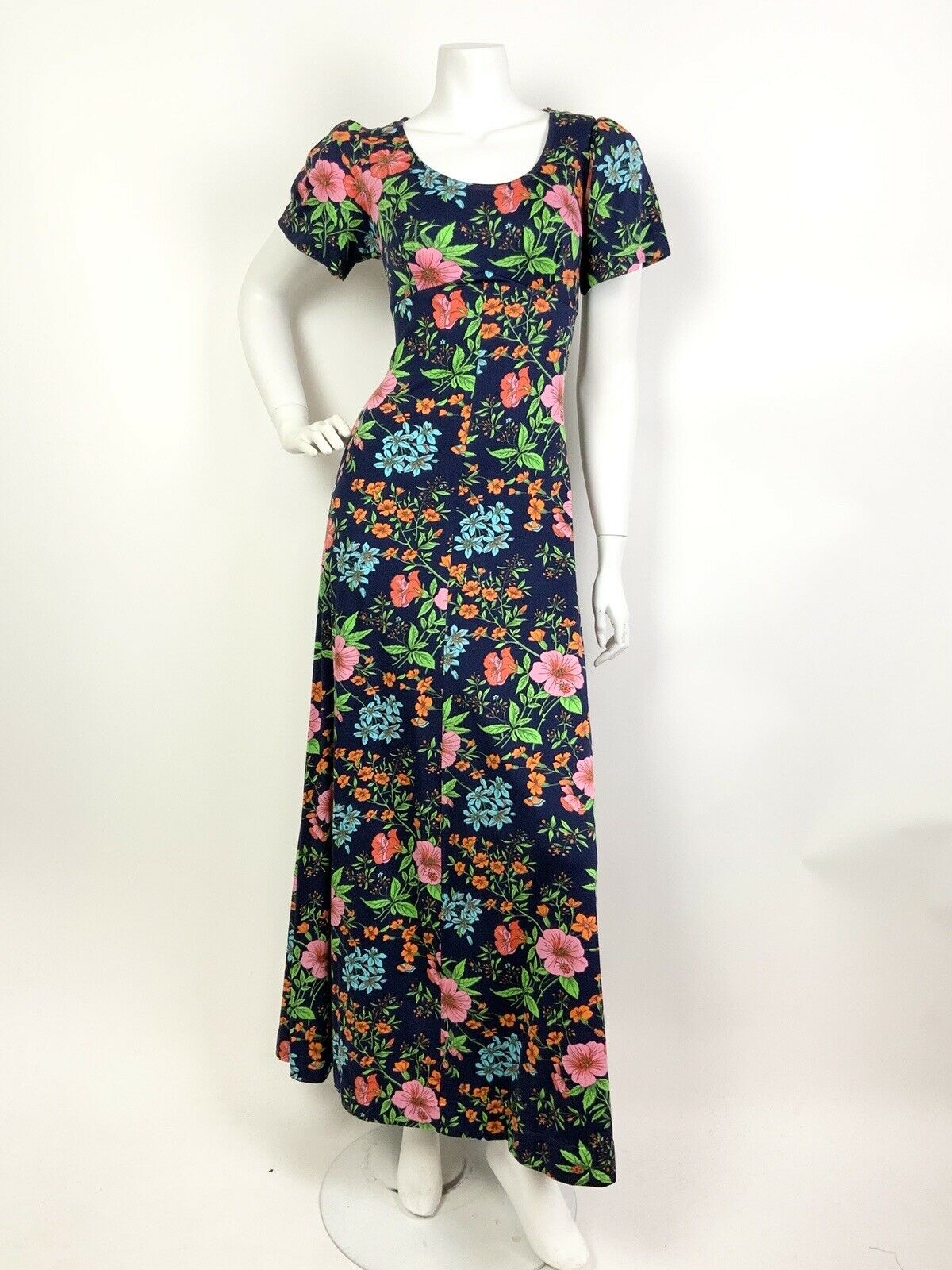 VTG 60s 70s BLUE PINK GREEN RED FLORAL BOTANICAL PSYCHEDELIC MAXI DRESS 10 12