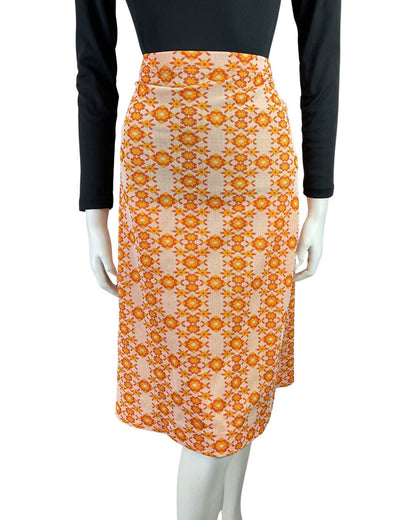 VINTAGE 60s 70s ORANGE WHITE FLOWER POWER DAISY MOD MIDI KNEE-LENGTH SKIRT 8 10