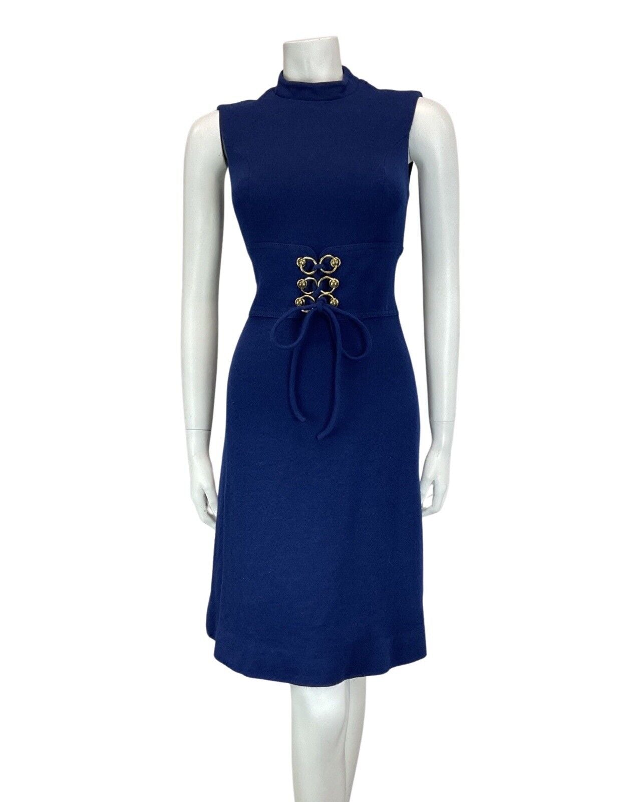 VINTAGE 60s 70s NAVY BLUE GOLD LACE-UP SLEEVELESS MOD KNEE-LENGTH WOOL DRESS