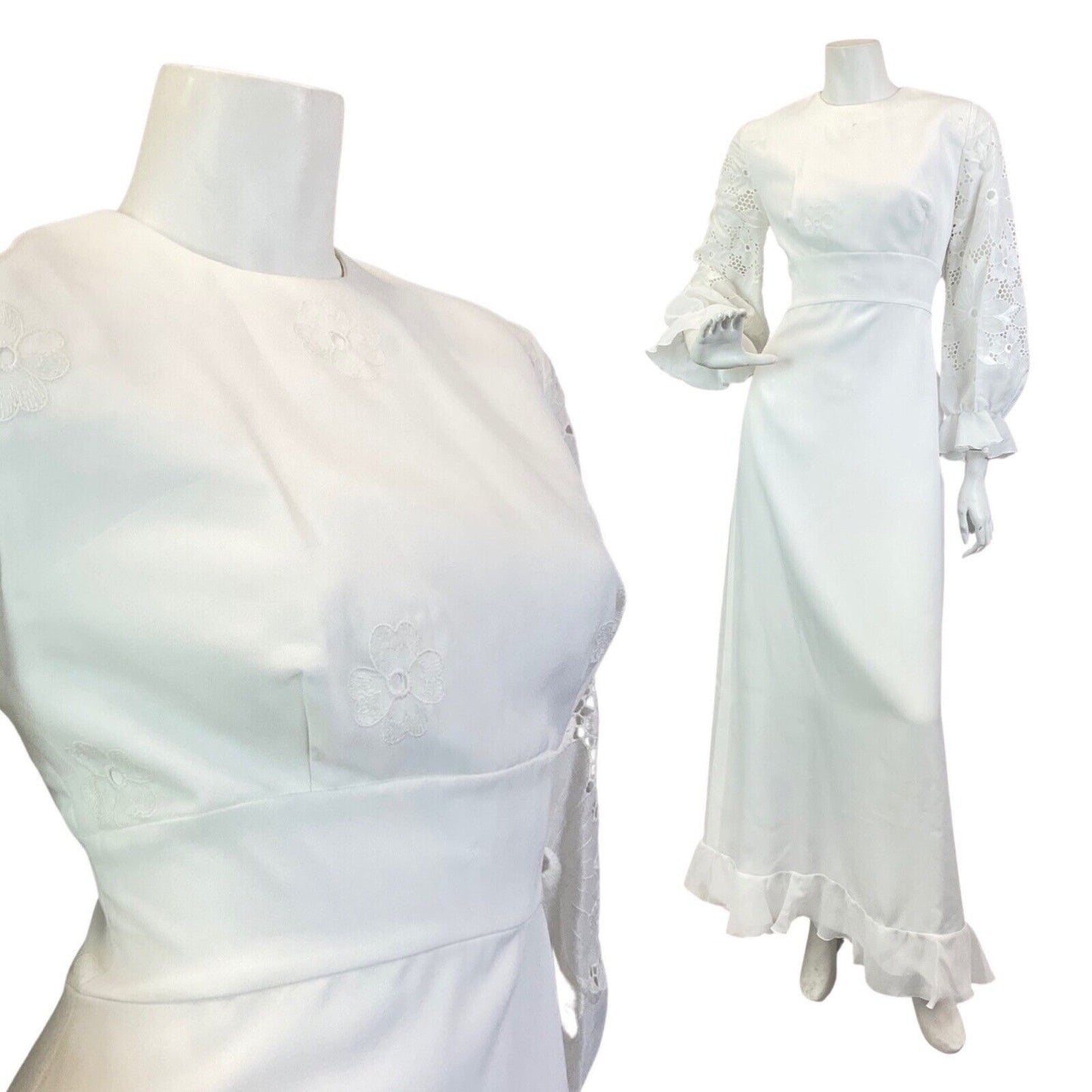 VINTAGE 60s 70s WHITE FLORAL ANGLAISE EMBROIDERED WEDDING BOHO MAXI DRESS 10