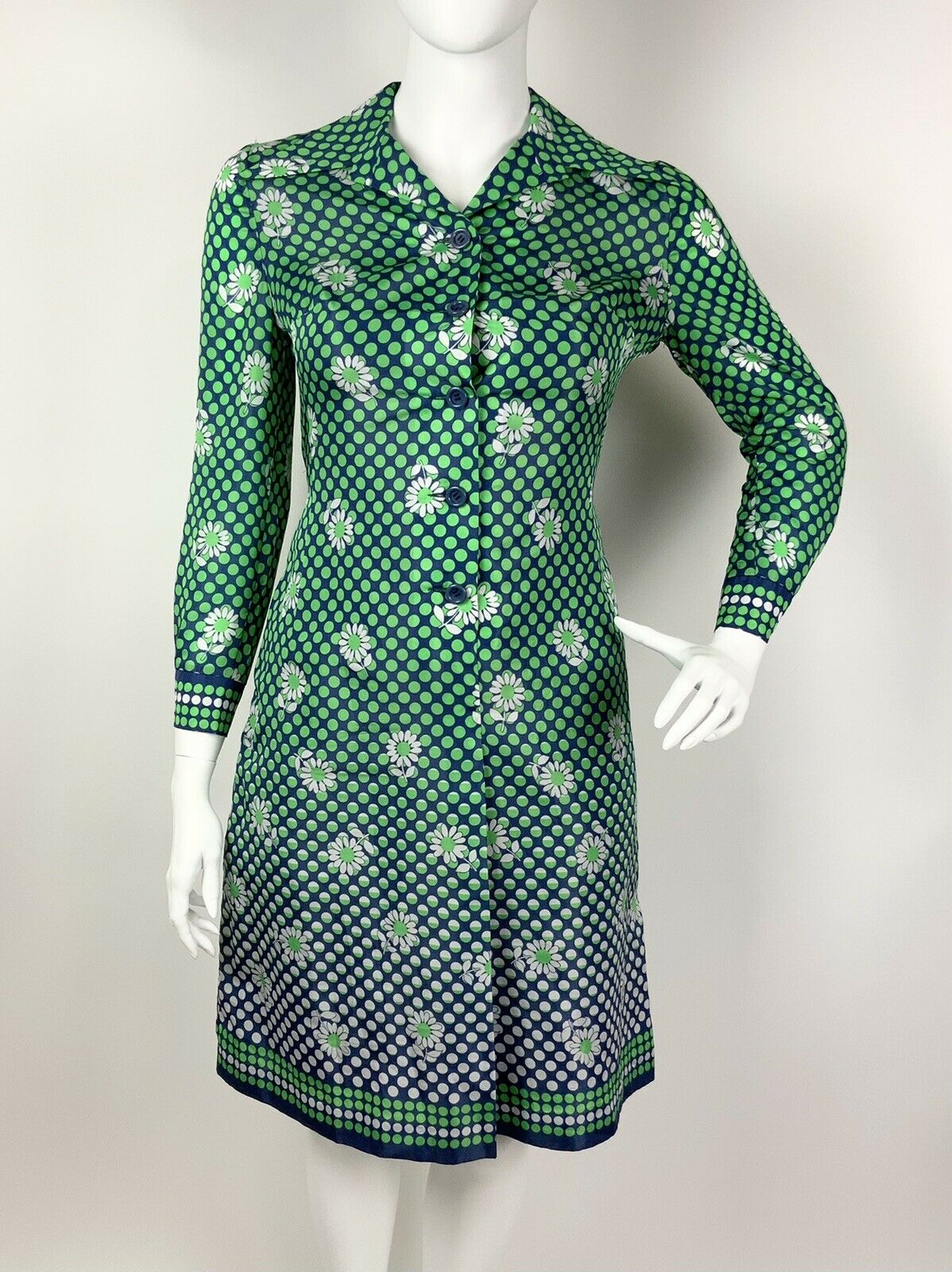 VINTAGE 60s 70s GREEN BLUE WHITE POLKA-DOT FLORAL DAISY DAGGER SHIRT DRESS 16 18