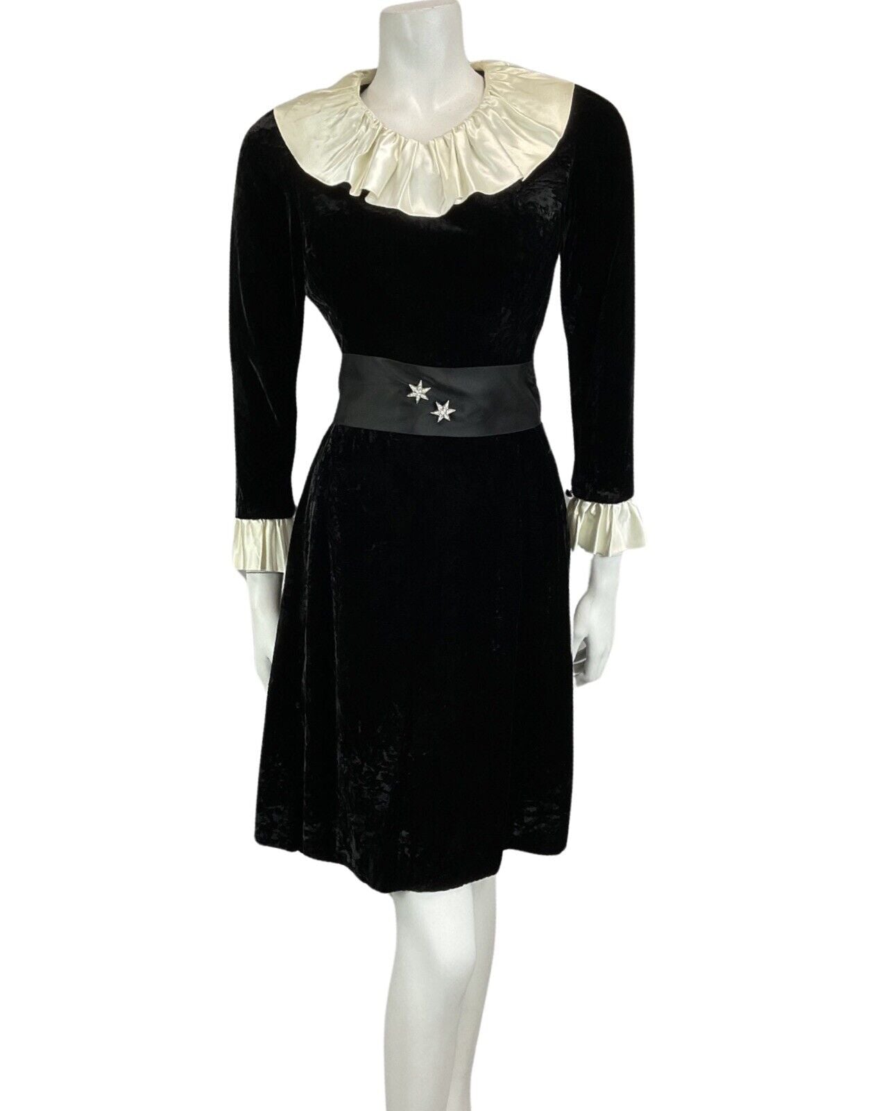 VTG 60s 70s BLACK VELVET CREAM EDWARDIAN MOD PARTY CHRISTMAS EVENING DRESS 8