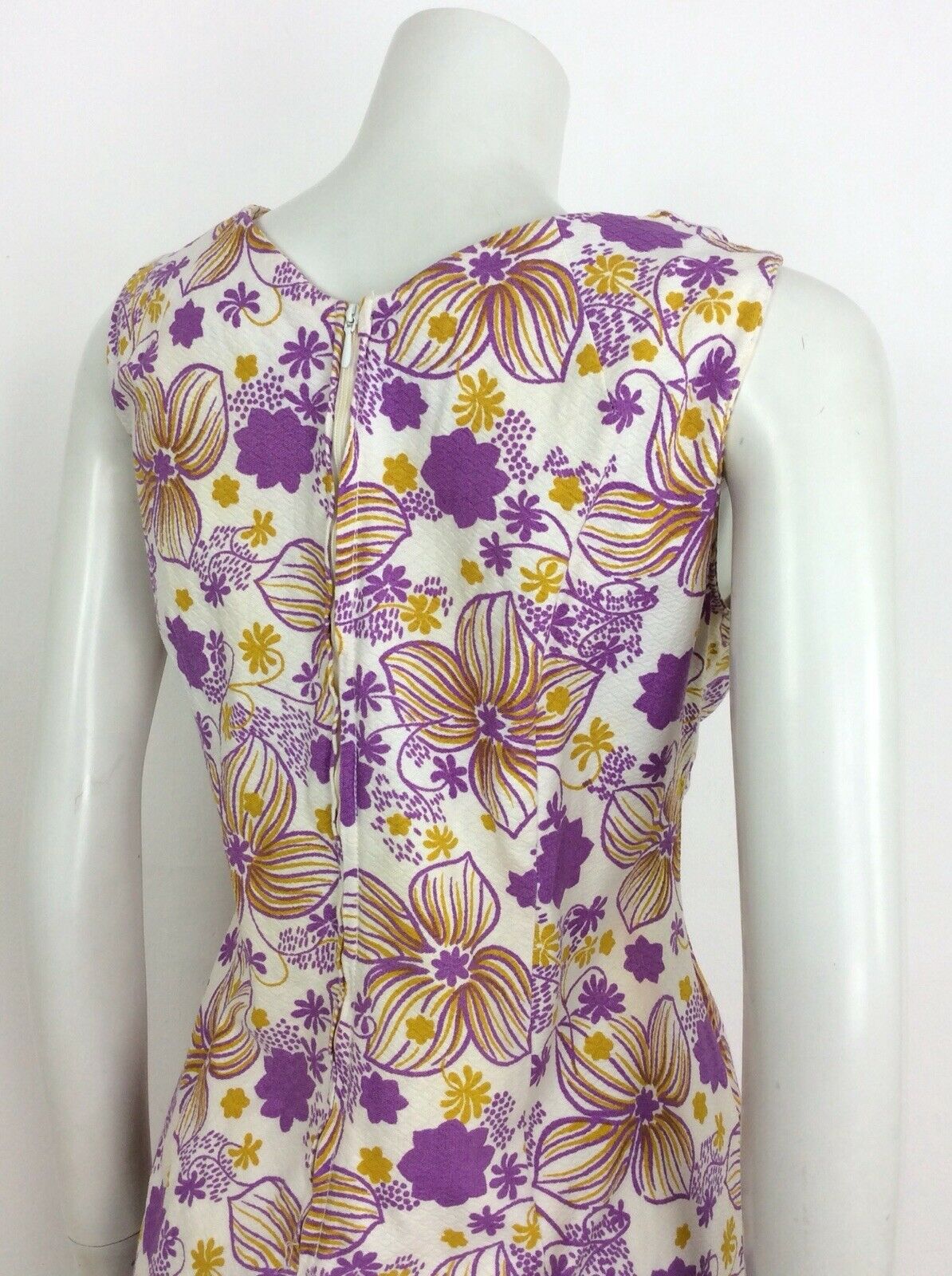 60S VINTAGE WHITE PURPLE TEXTURED PSYCHEDELIC FLORAL SLEEVELESS DRESS 16 18