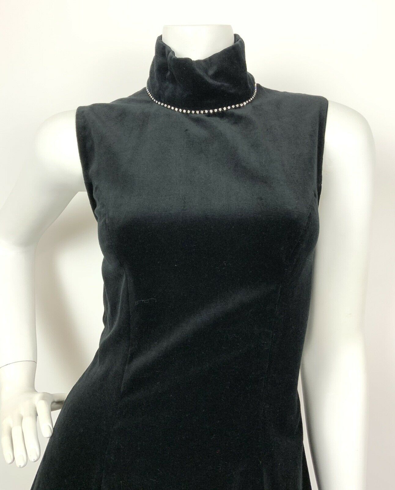 VINTAGE 60s 70s BLACK VELVET SILVER DIAMANTE STUDIO 54 DISCO MAXI DRESS 8 10