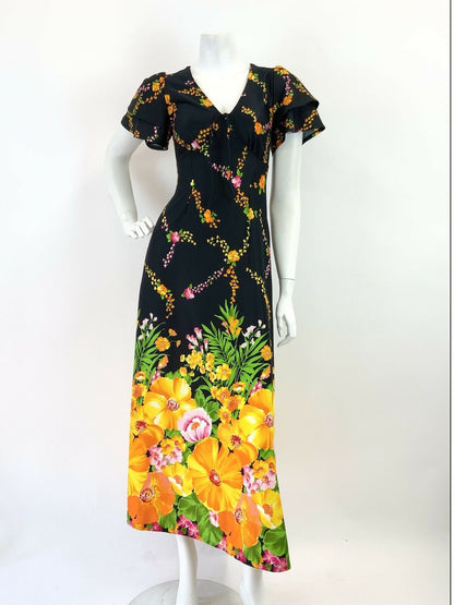 VINTAGE 60s 70s BLACK YELLOW GREEN PINK FLORAL VINE RUFFLED MAXI DRESS 10