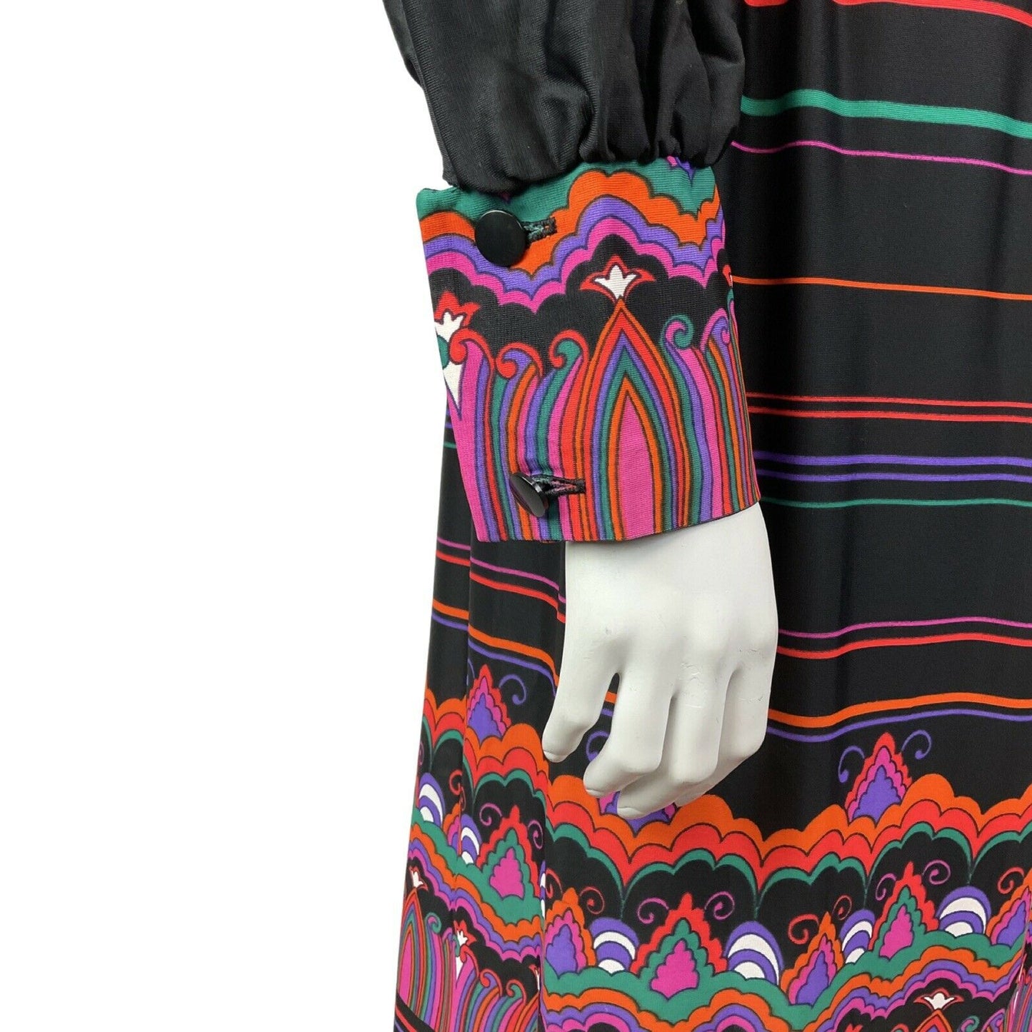 VINTAGE 60s 70s BLACK PINK GREEN ORANGE PSYCHEDELIC STRIPED BOHO MIDI DRESS 8