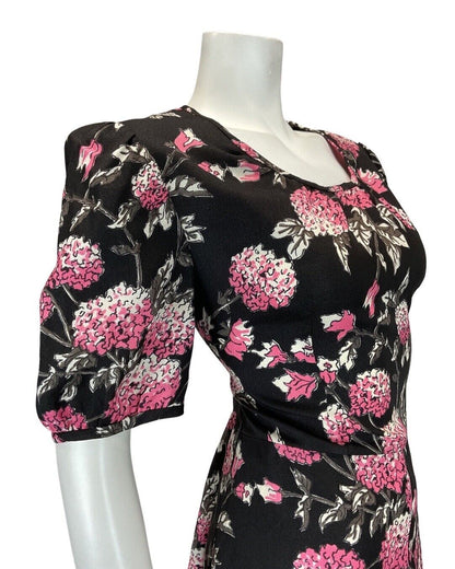 VINTAGE 60s 70s BLACK PINK GREY FLORAL HYDRANGEA MOD KNEE-LENGTH DRESS 12 14