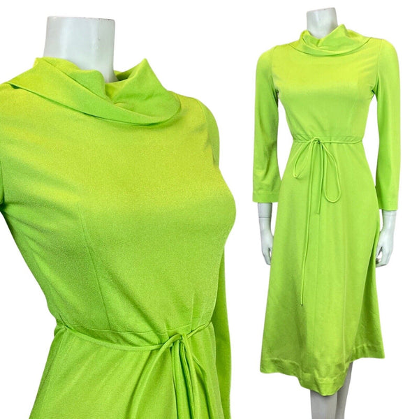 VINTAGE 60s 70s NEON GREEN LONG-SLEEVE SWING DRESS 6 8