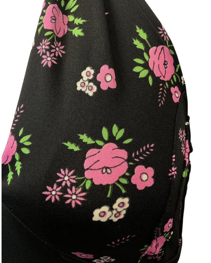 VINTAGE 60s 70s BLACK PINK GREEN FLOWER DAISY ROSE MOD HALTER MAXI DRESS 10