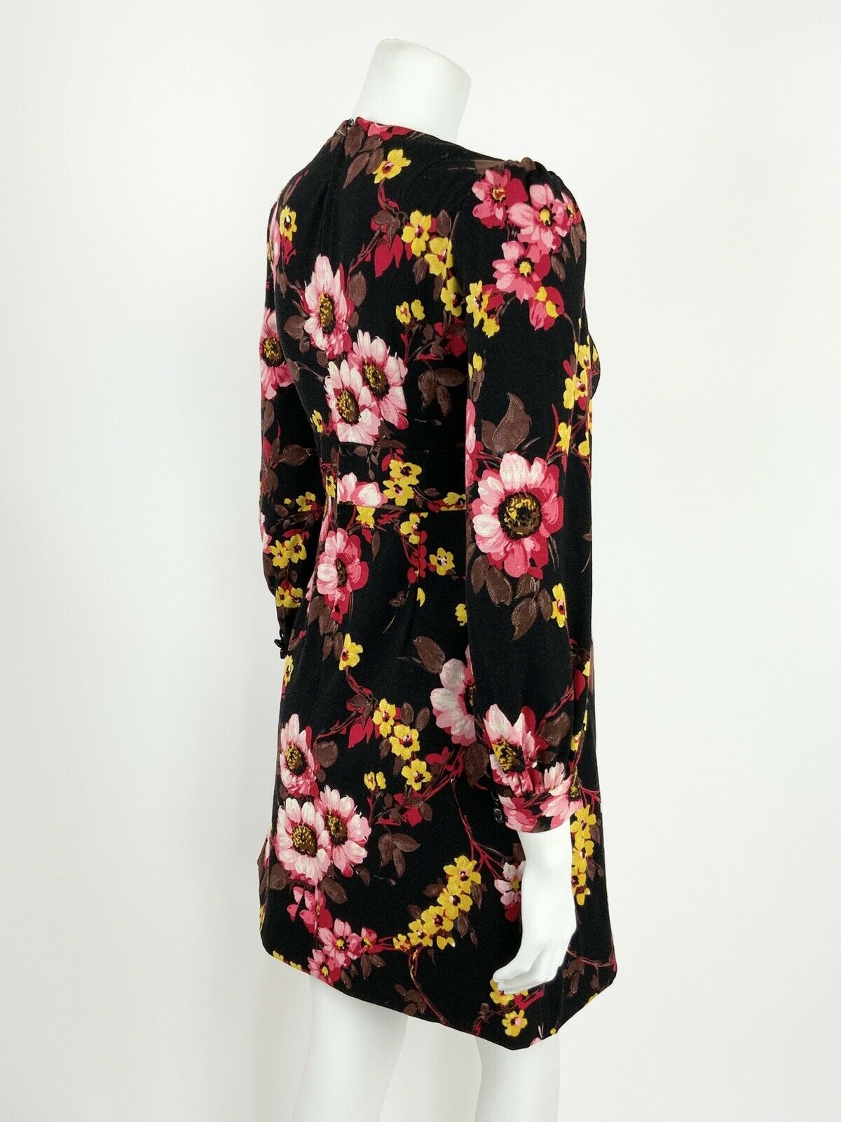 VINTAGE 60s 70s BLACK PINK YELLOW FLORAL BOHO WRAP DRESS 10 12