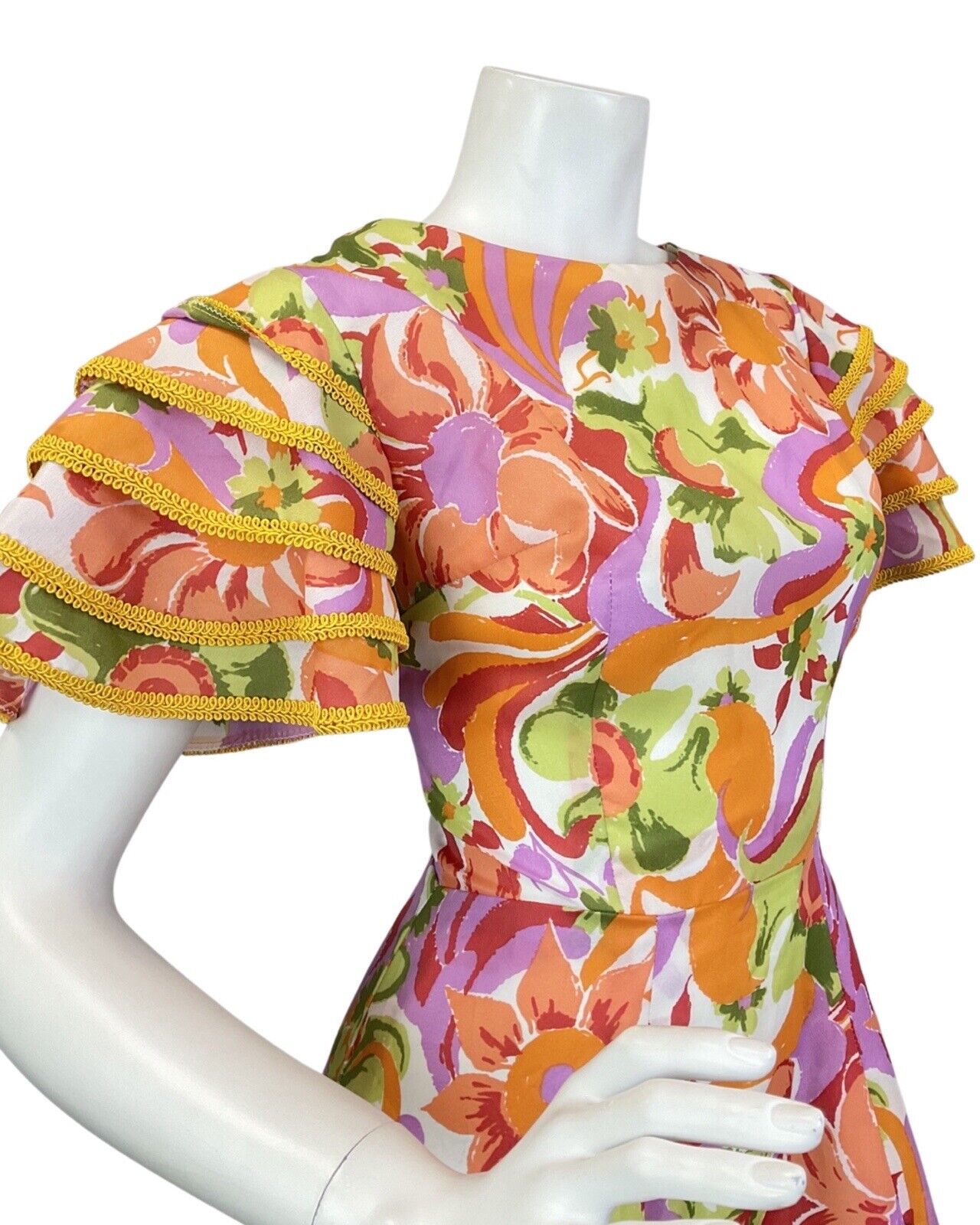 VINTAGE 60s 70s ORANGE GREEN LILAC PSYCHEDELIC FLORAL SUMMER MAXI DRESS 8 10