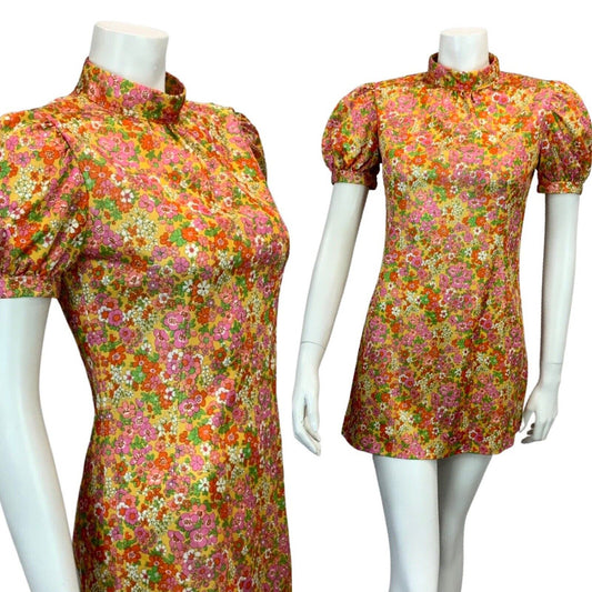 VINTAGE 60s 70s ORANGE PINK ORANGE RED GREEN FLORAL PRINT MIDI MOD DRESS 6 8