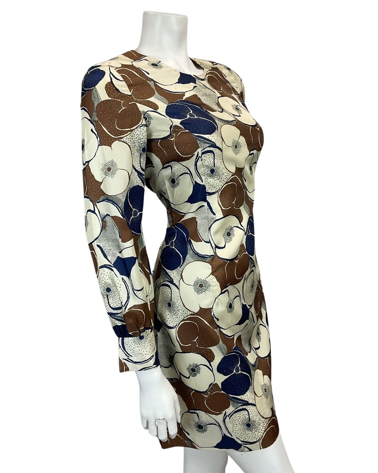 VINTAGE 60s 70s BEIGE BROWN NAVY FLORAL PRINT MOD MINI DRESS 8