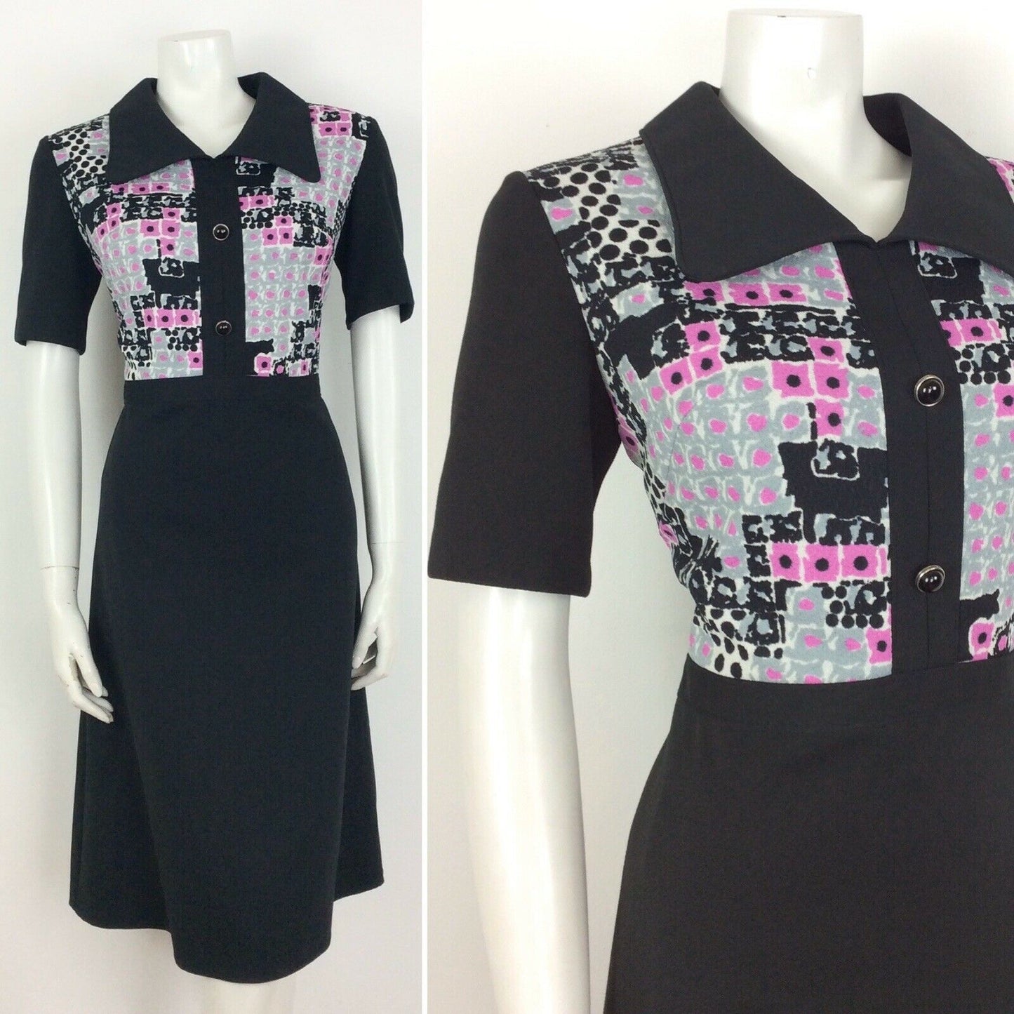 VINTAGE 60S BLACK PINK GREY WHITE ABSTRACT DAGGER COLLAR DRESS 14