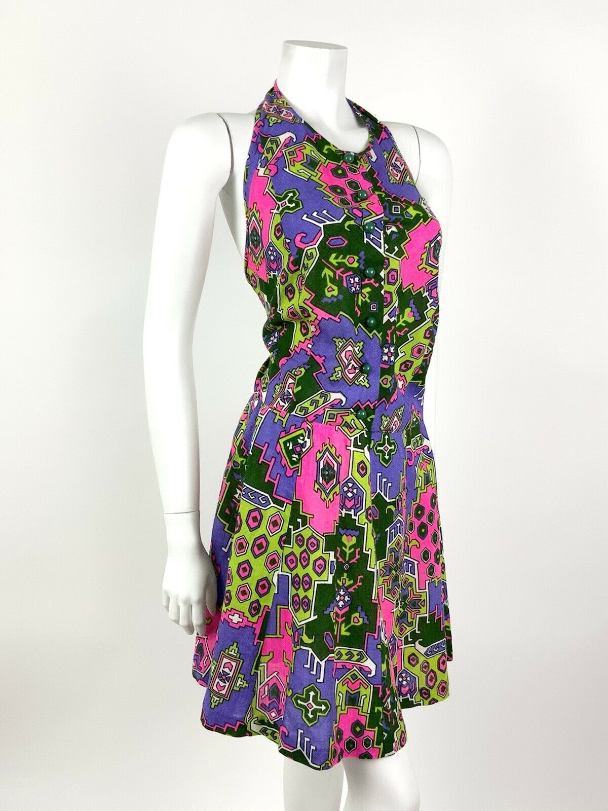 VTG 60s 70s NEON PINK PURPLE GREEN AZTEC PSYCHEDELIC HALTER MINI DRESS 12