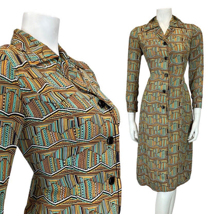 VINTAGE 60s 70s GREEN YELLOW BLACK STRIPED ZIG-ZAG GEOMETRIC SHIRT DRESS 10