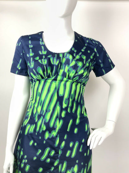 VINTAGE 60s 70s NAVY BLUE NEON LIME GREEN PSYCHEDELIC STRIPED MAXI DRESS 16 18