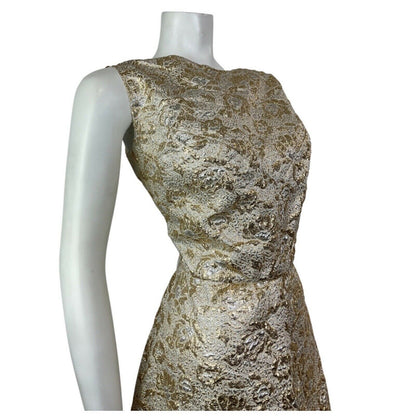 VINTAGE 60s 70s METALLIC GOLD SILVER CREAM LUREX FLORAL PARTY GLAM TEA DRESS 14