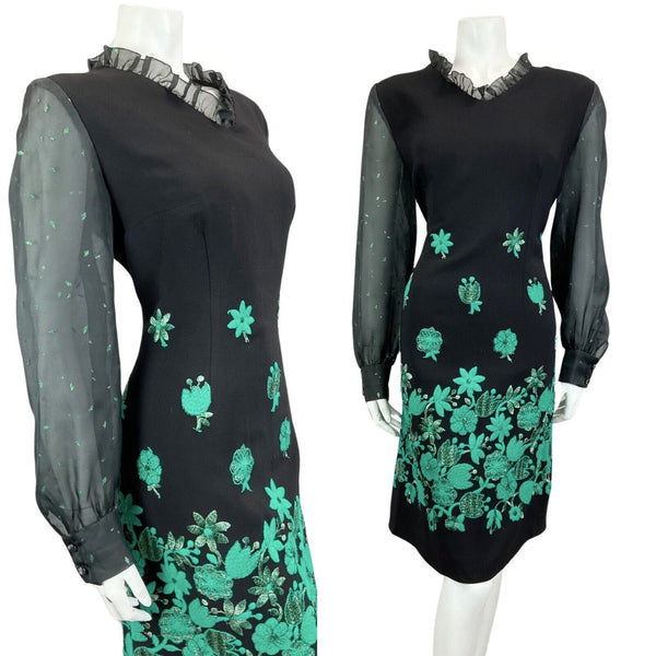 VINTAGE 60s 70s BLACK TURQUOISE GREEN MOD DISCO PARTY CHRISTMAS EVENING DRESS 12