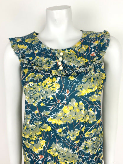 VTG 60s 70s ABSTRACT FLORAL BLUE YELLOW SILVER WHITE RUFFLE A-LINE DRESS 10 12