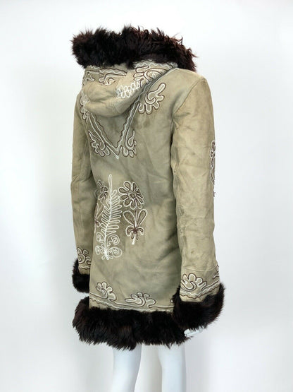 VTG 60s 70s BEIGE BROWN EMBROIDERED FLORAL HOODED TOGGLE BOHO FOLK COAT 14 16