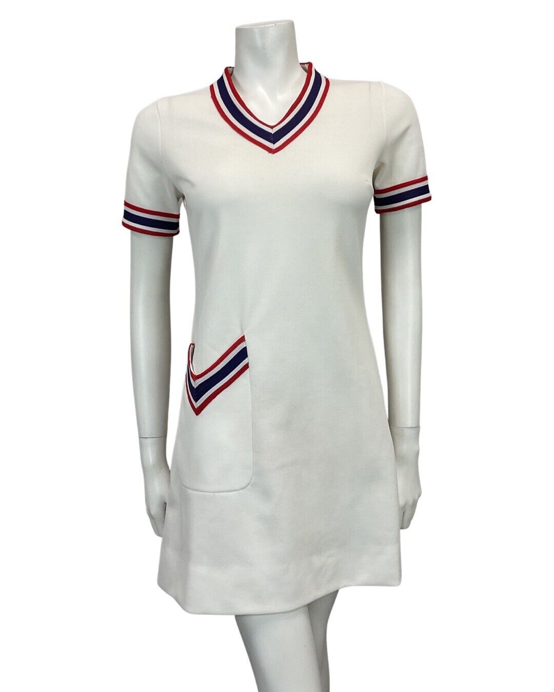 VINTAGE 60s 70s WHITE NAVY RED MINI TENNIS MOD PREPPY DRESS 10