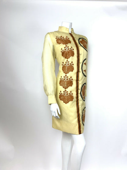 VTG 60s 70s ALFRED SHAHEEN SILK CREAM BROWN BLACK HAWAIIAN ASIAN DRESS 10 12