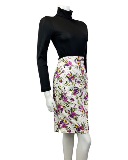 VINTAGE 60s 70s WHITE PURPLE GREEN GARDEN FLORAL DOTTY A-LINE SHORT SKIRT 12 14