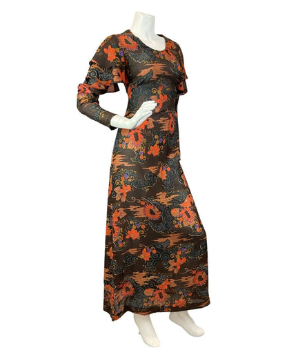 VINTAGE 60s 70s BROWN ORANGE BLACK PSYCHEDELIC SWIRL FLORAL MAXI DRESS 10