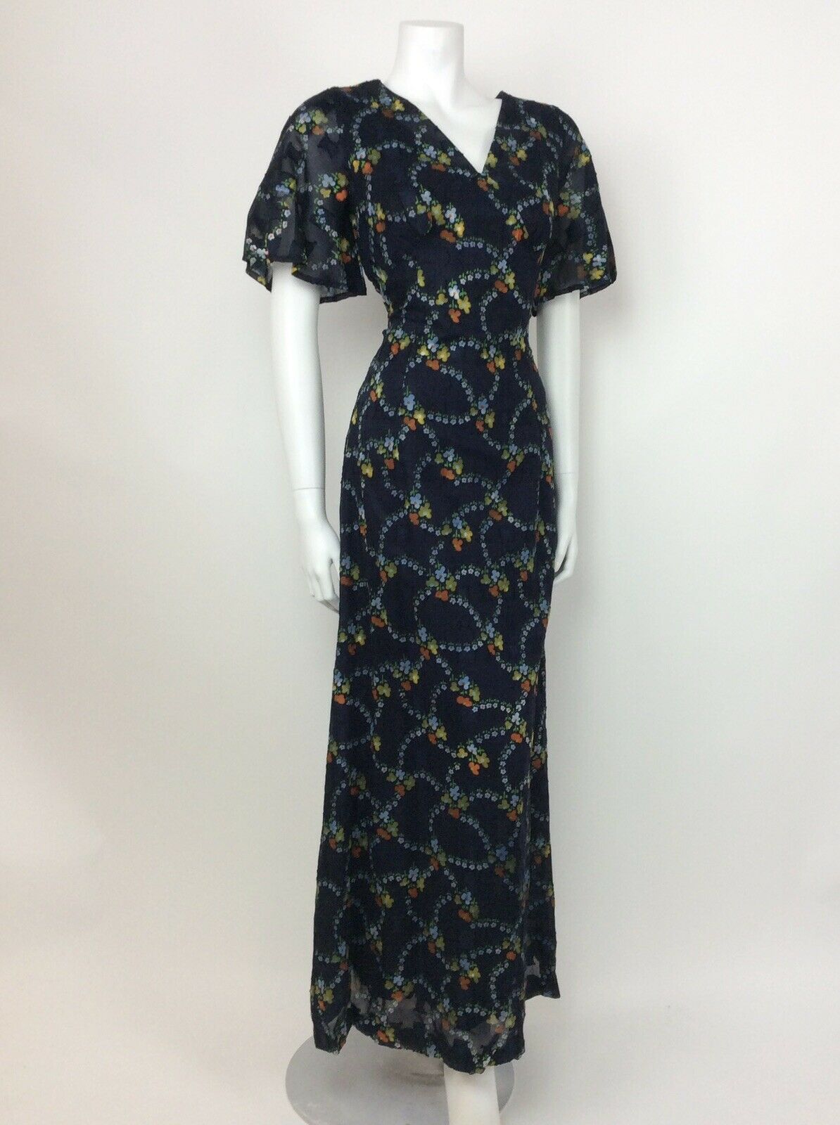 VINTAGE 60s 70s BLUE FLORAL DITSY ORANGE YELLOW GREEN SHEER MAXI DRESS 10 12