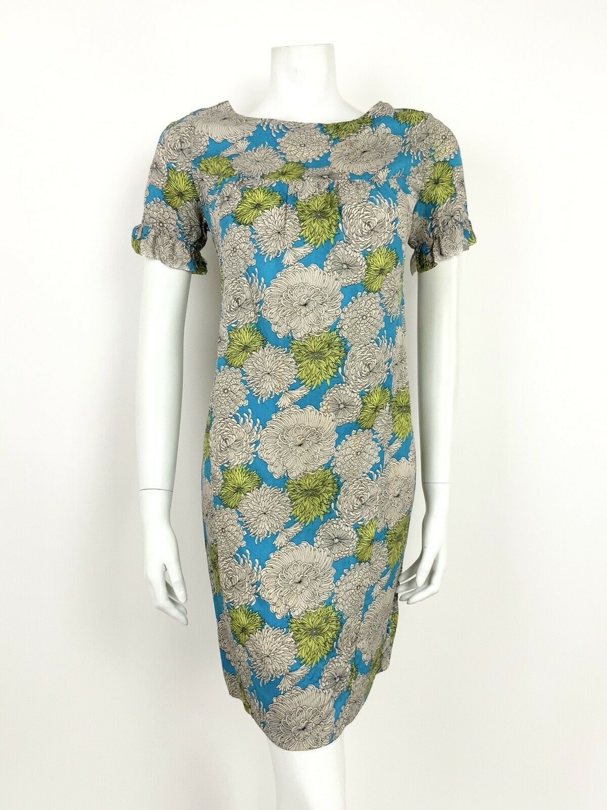 VTG 60s 70s BLUE LIME GREEN CHRYSANTHEMUM  FLORAL PSYCHEDELIC SHIFT DRESS 10 12