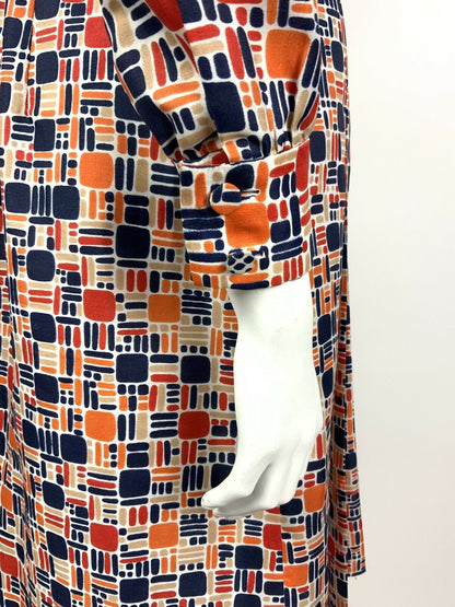 VINTAGE 60s 70s BLUE ORANGE RED BEIGE GEOMETRIC MOD DAGGER SHIRT DRESS 10 12