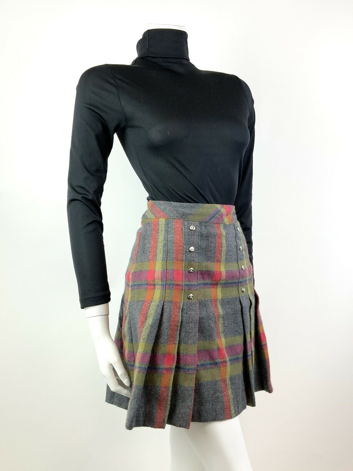 VINTAGE 60s 70s GREY YELLOW RED PLAID CHECKED MOD PREPPY PLEATED SHORT SKIRT 8