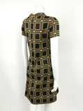 VINTAGE 60s 70s BROWN BLACK YELLOW WHITE GEOMETRIC SQUARE MOD SHIFT DRESS 10 12