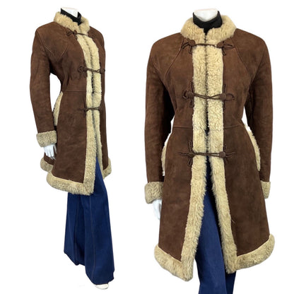 VINTAGE 60s 70s DAKR BROWN CREAM BROCADE SUEDE LEATHER LONG SHEARLING COAT 14