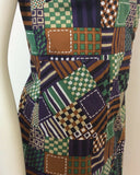 VINTAGE 60S NAVY GREEN WHITE BROWN CHECKERED COTTON MINI DRESS 12